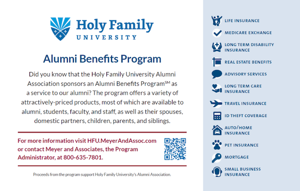 A graphic describing the Alumni Benefits Program - for more information, call Meyer & Associates at 800-635-7801