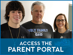 A Holy Family student and his parents smiling with the text 'Access the Parent Portal'