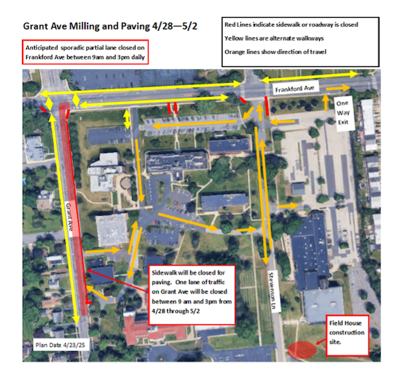 Diagram of Grant Avenue milling and paving project boundaries