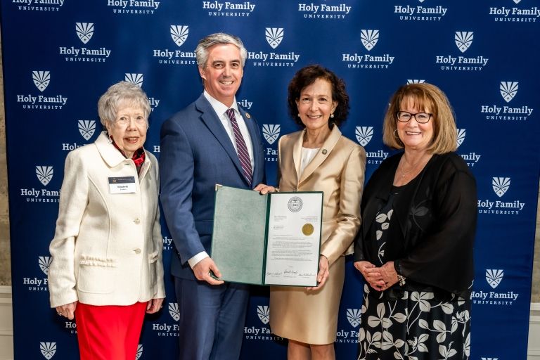 Bucks County Commissioner Bob Harvie M'00, HFU President Dr. Anne Prisco and others at anniversary celebration