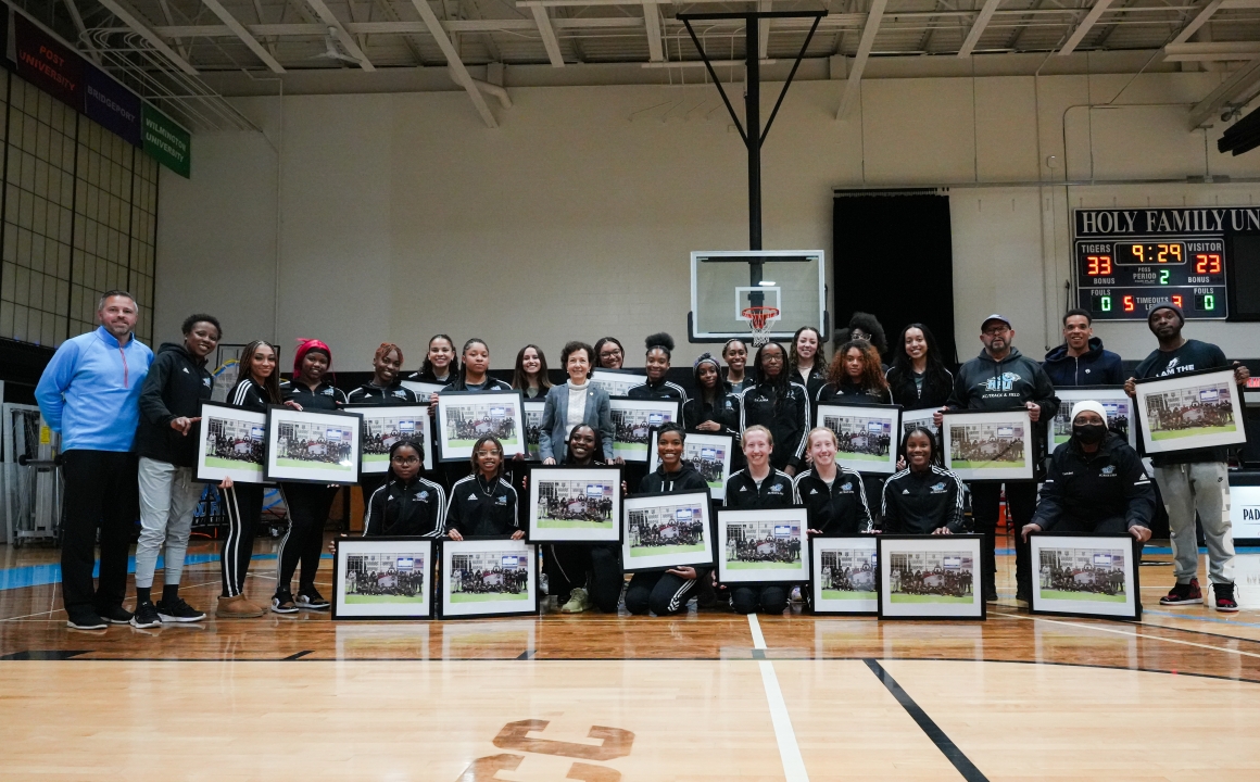 The men’s and women’s track & field teams were honored for their ECC Championship victories during halftime of the women’s basketball CACC Tournament Quarterfinal Game in the Campus Center on February 28.