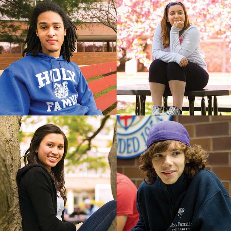 Montage of students on campus at Holy Family University