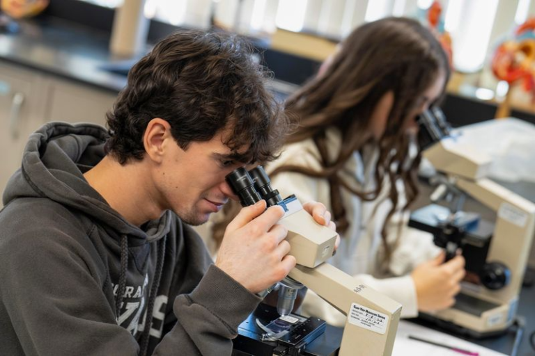 Holy Family University students in a lab looking through microscopes