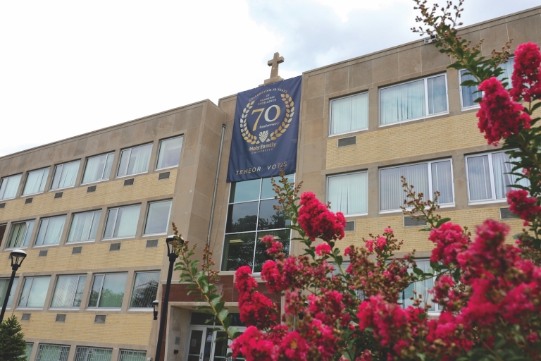 Facade of Holy Family Hall on HFU's campus