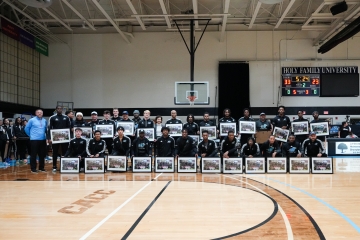 The men’s and women’s track & field teams were honored for their ECC Championship victories during halftime of the women’s basketball CACC Tournament Quarterfinal Game in the Campus Center on February 28.